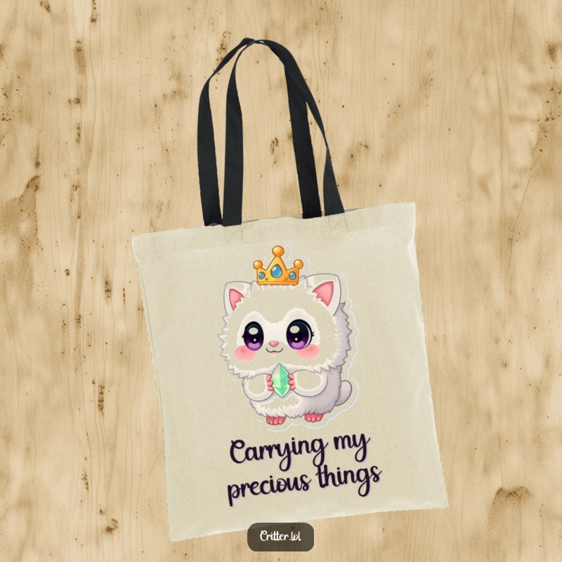 Funny tote bag showcasing a fuzzy creature with a crown and gem, ready to carry your essentials with adorable flair.