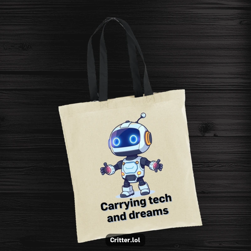 Funny tote bag featuring a curious robot with blinking lights dancing, ideal for carrying items with robotic flair.