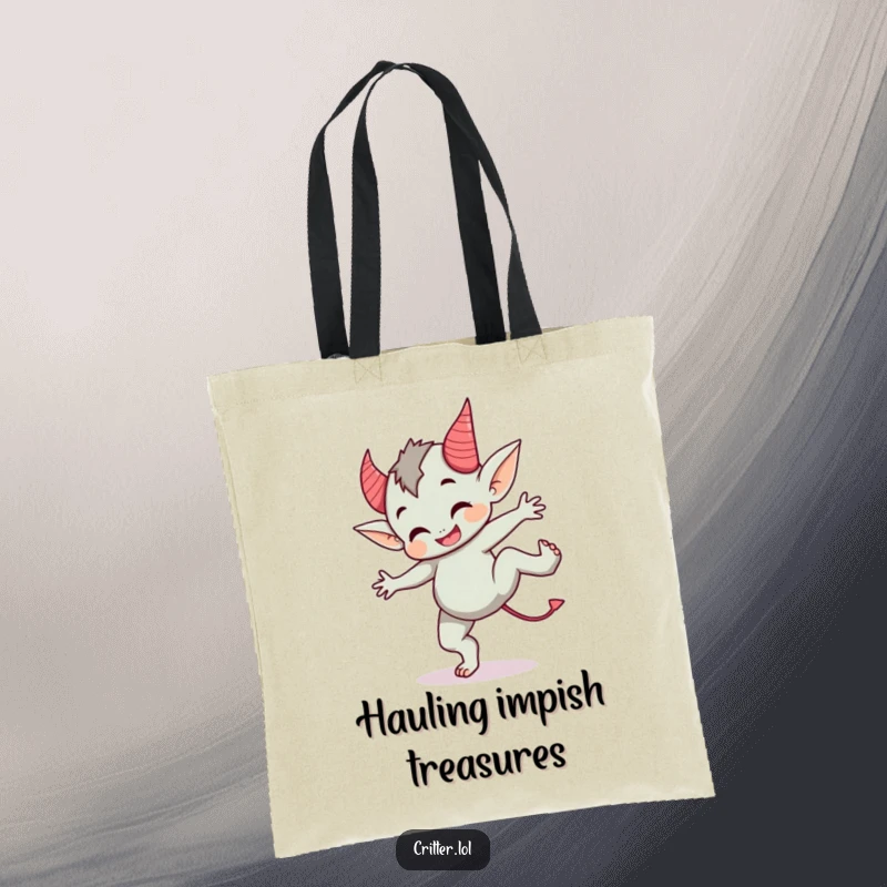 Funny tote bag featuring a cute imp with devil horns doing a cartwheel, perfect for carrying items with playful flair.