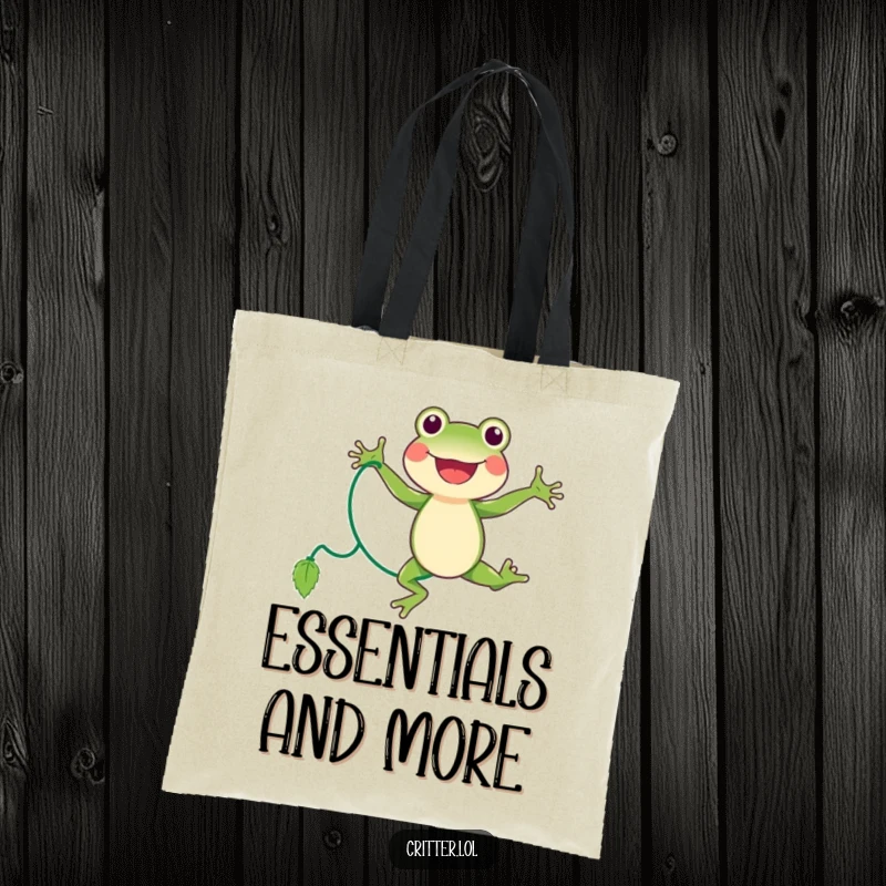 Funny frog tote bag depicting a joyful character jumping rope with a vine, ideal for carrying daily essentials.