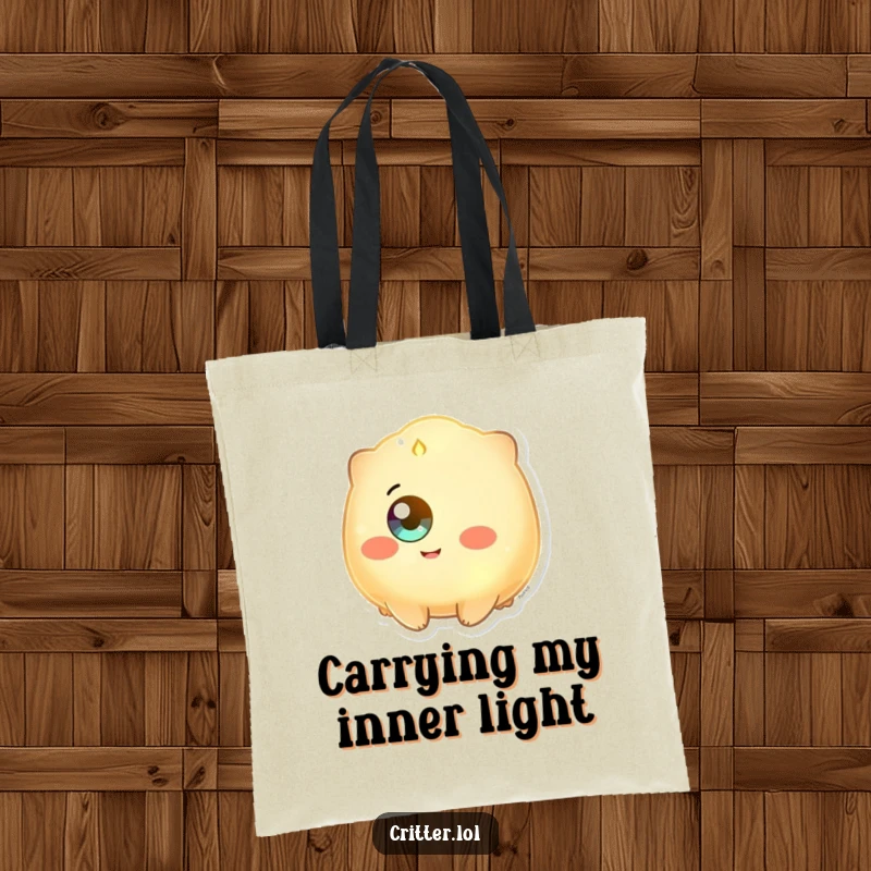 Funny tote bag with a glowing creature with a single eye beaming happily, perfect for everyday use.