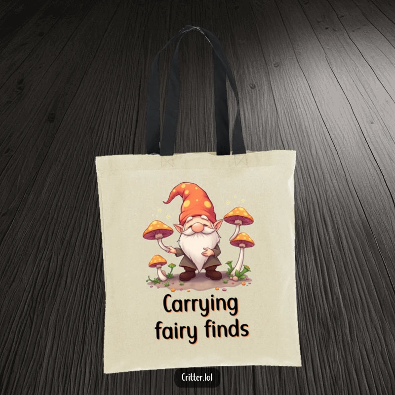 Funny tote bag showing a whimsical gnome tossing glowing mushrooms, practical for carrying items with a touch of magic.