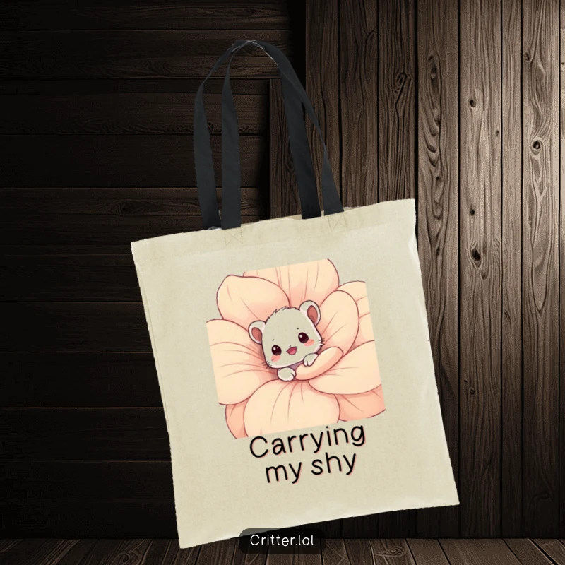 Funny critter tote bag with a shy critter peeking from behind a flower, great for carrying items with adorable flair.