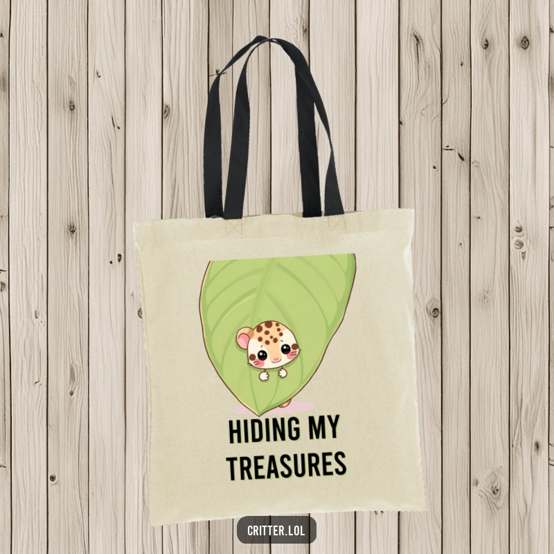 Funny shy spotted critter peeking from behind a leaf, wiggling, on a tote bag, adding a touch of hidden humor.