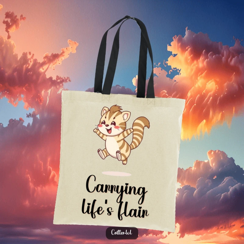 Funny tote bag with a striped creature and bushy tail leaping joyfully, a practical and funny gift.