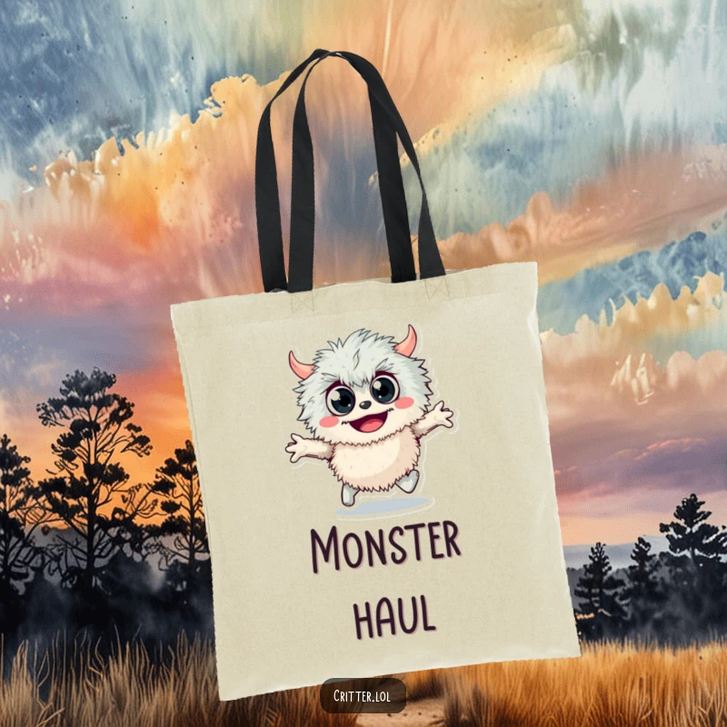 Funny fuzzy monster tote bag, featuring a googly-eyed monster skipping joyfully, perfect for carrying essentials with a touch of playful charm.