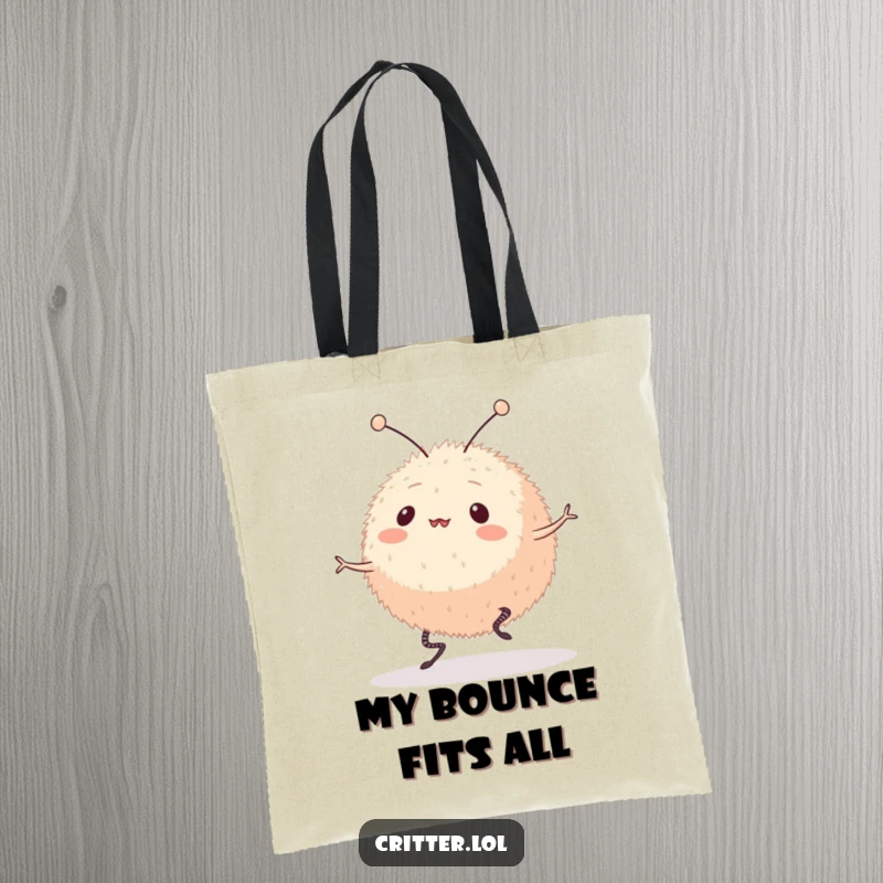 Funny tote bag showcasing a round, furry creature with antennae joyfully bouncing on its springy legs. A durable and humorous accessory for daily use.