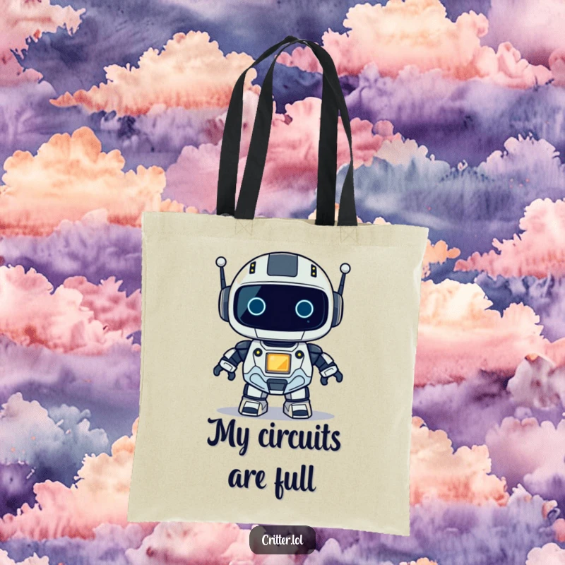 Funny tote bag depicting a small robot character with a bright blinking light, suggesting a smart and humorous companion.